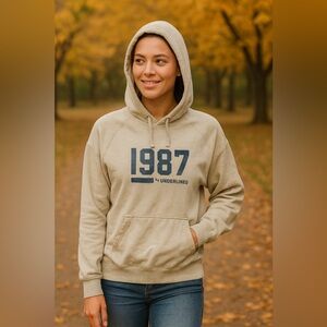 Just Attitude 1987 Graphic‎ Hoodie Size Large Beige Pullover